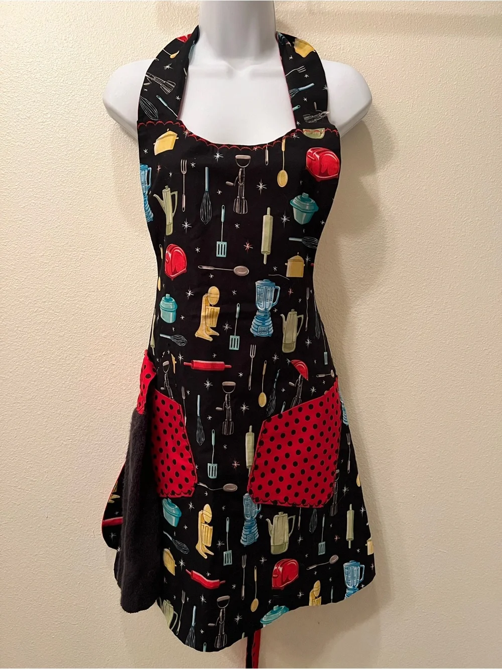 Retro reversible Kitchen Print Apron with Pockets Custom-made